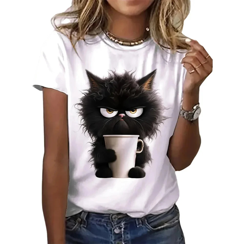 Funny Cat Women Summer White Print T-shirt Girl Casual Short Sleeve O Neck Top For Summer Female Animal Clothing - EL CHEG