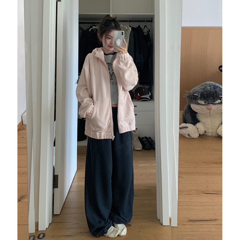 Fleece Women's Hooded Embroidered Warm Fleece Sweater Coat