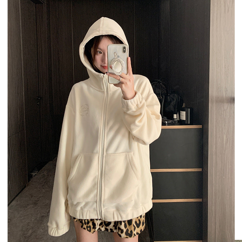Fleece Women's Hooded Embroidered Warm Fleece Sweater Coat