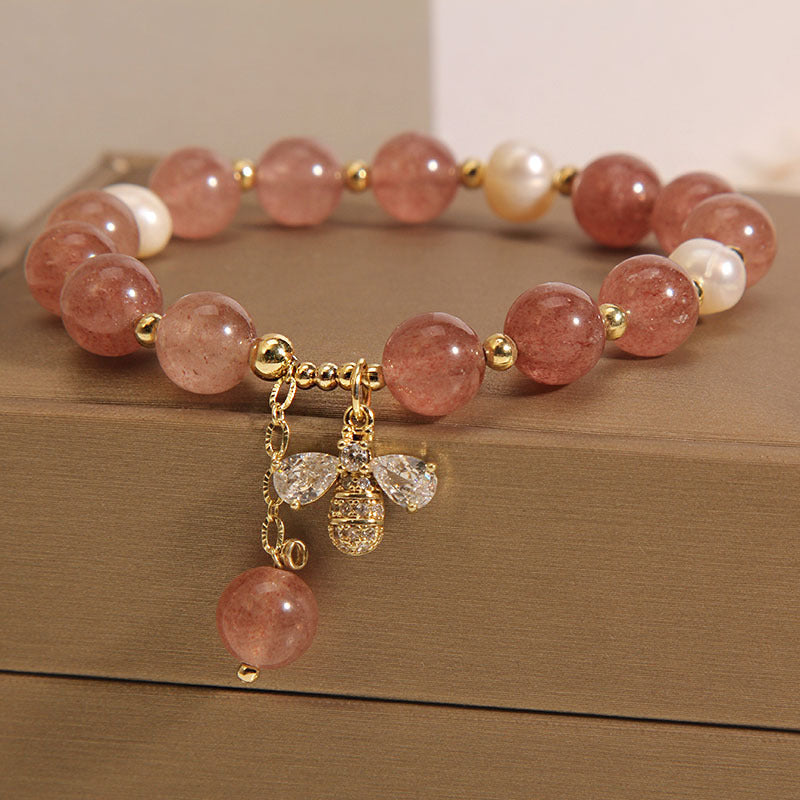 Freshwater Pearl Strawberry Quartz Bracelet Women