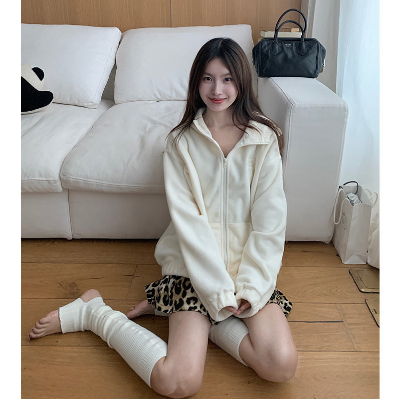 Fleece Women's Hooded Embroidered Warm Fleece Sweater Coat