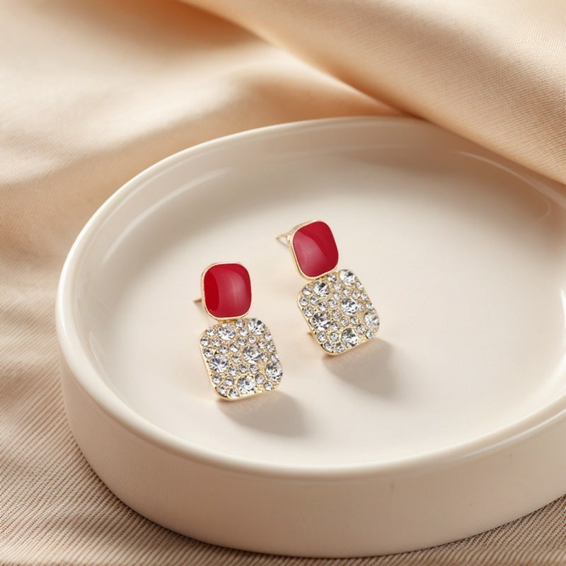 Korean Geometric Block Rhinestone Earrings