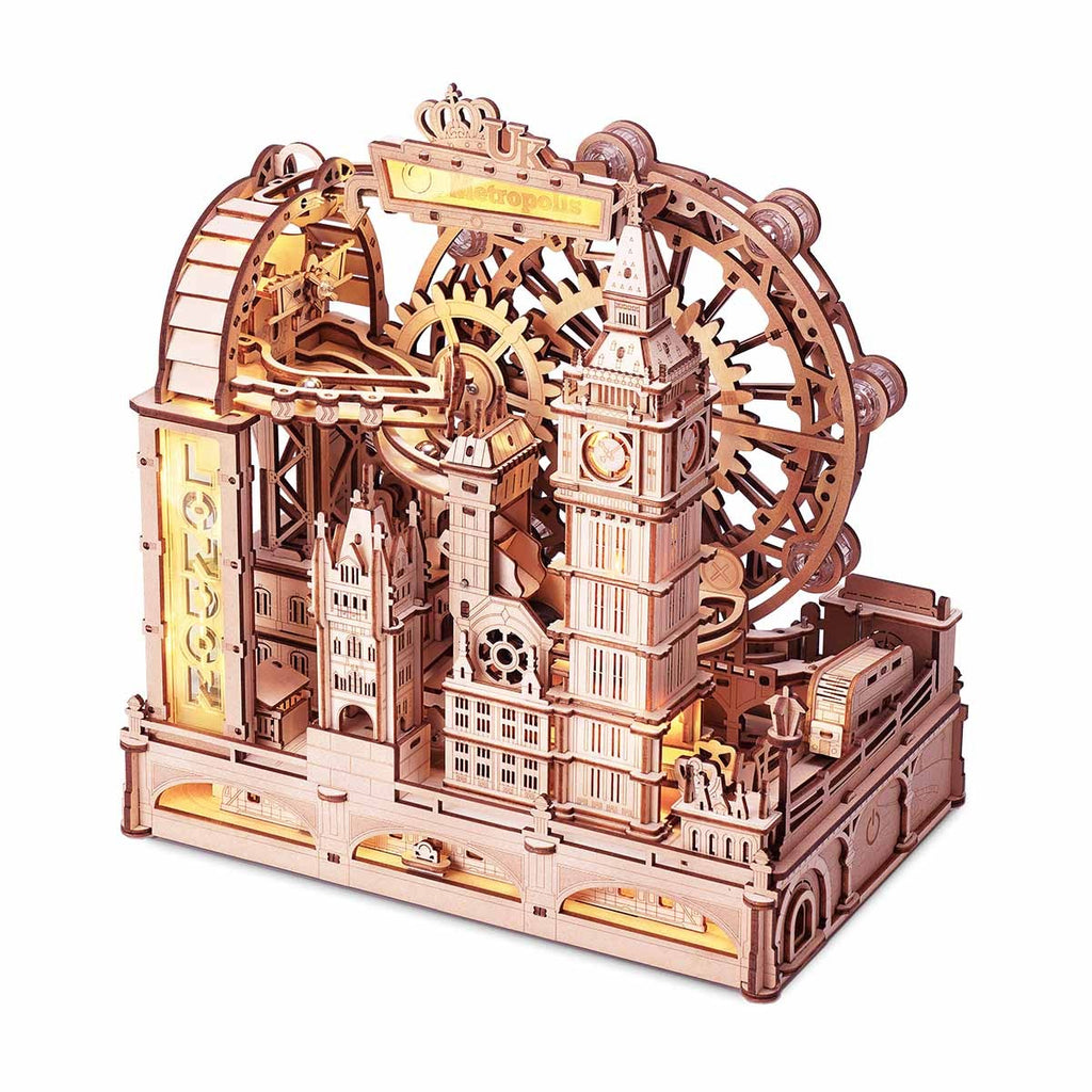 ROBOTIME 3D Wooden Puzzle London City Mechanical Model With Marble Run & LED Lights, DIY Decorative Kit For Adults & Teens.