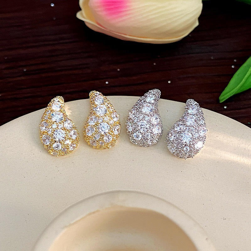 Retro Super Shiny Crescent Water Drop Zircon Temperament Silver Ear Studs Female Earrings