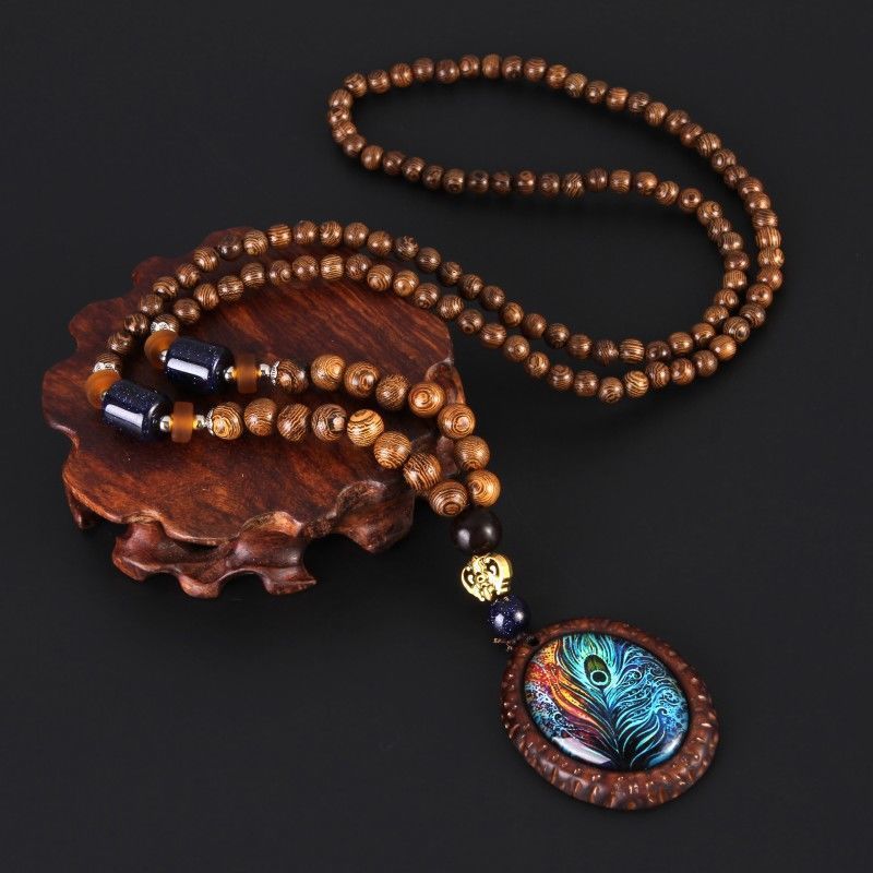 Retro Ethnic Sweater Chain Long Wooden Pendant