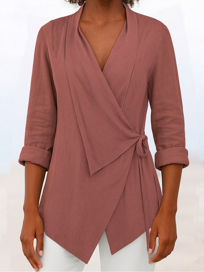 Women's Autumn And Winter V-neck Cotton And Linen Solid Color Shirt