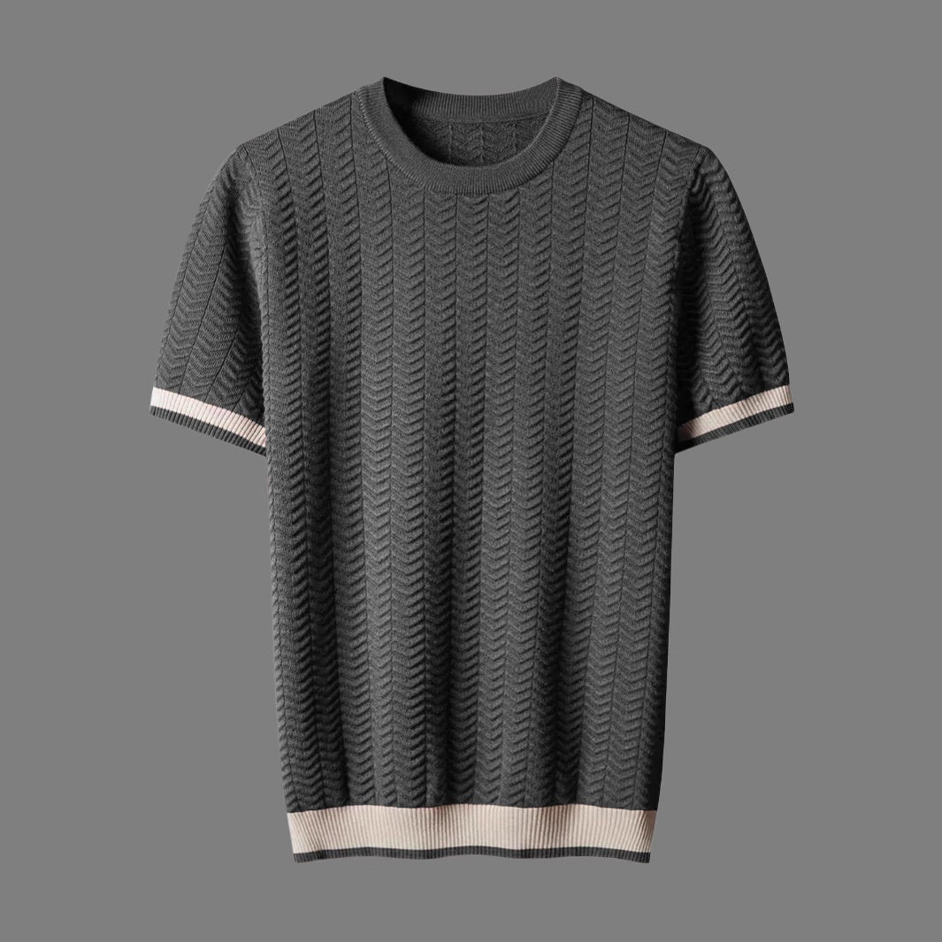 Men's Round Neck Contrast Color Jacquard Texture Slim-fit Short Sleeve