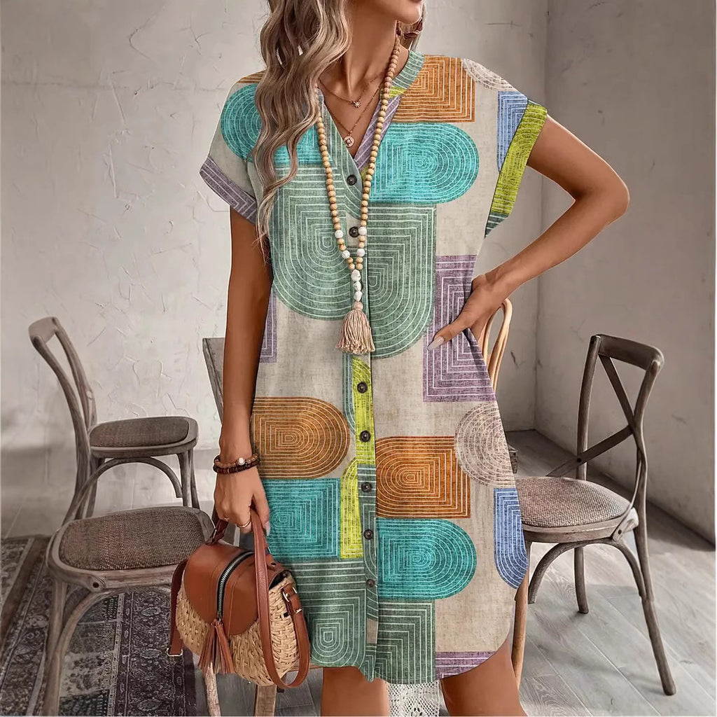Printed Woven Elegant V-neck Button Dress