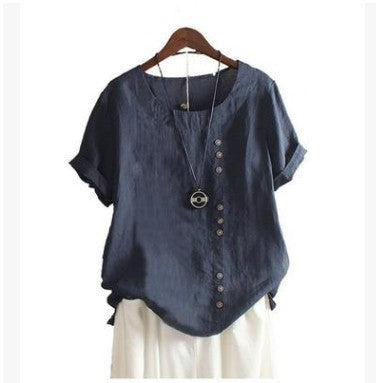 Retro Plus Size Casual Loose Cotton And Linen Short-sleeved Pullover T-shirt