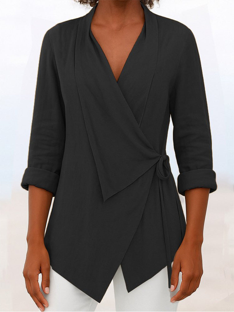 Women's Autumn And Winter V-neck Cotton And Linen Solid Color Shirt