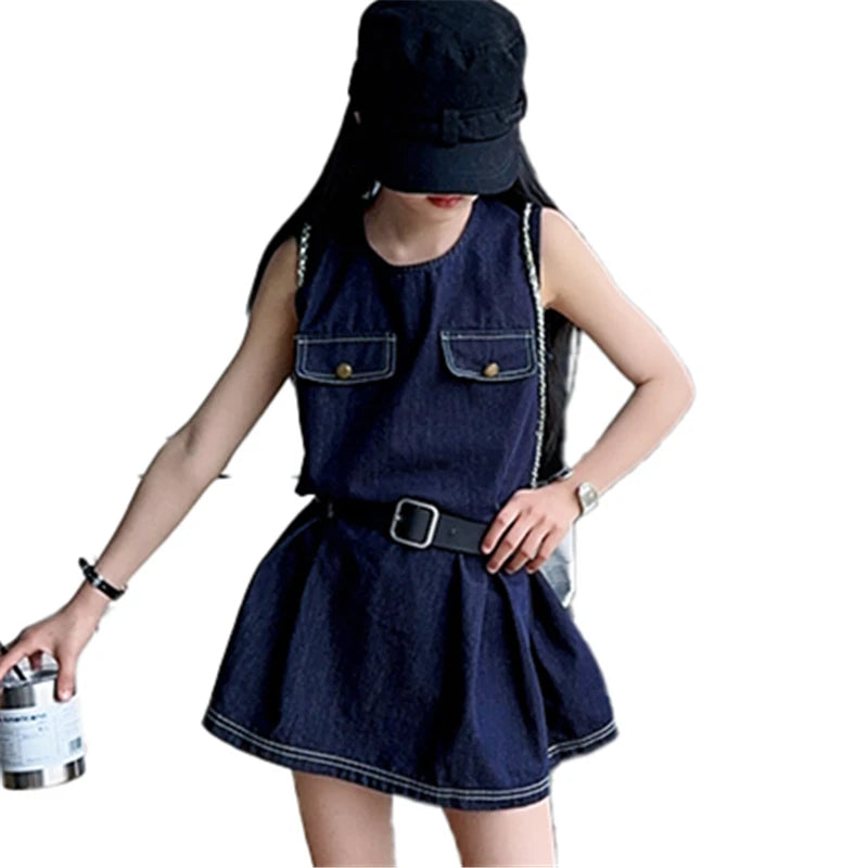 Stylish Kids Fashion Denim Bodysuit Dress for Girls Vintage Dark Blue Jeans Skirt With Belt Child Trendy Streetwear Outfit 5-14Y - EL CHEG