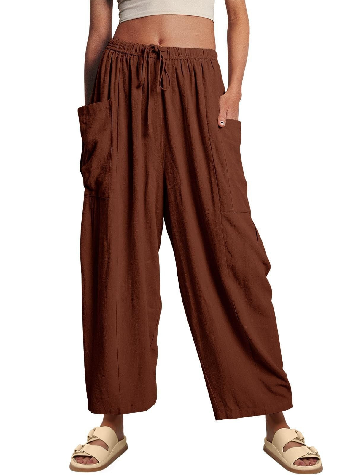 Stretched-waist Pleated High-waisted Wide-leg Loose Casual Cotton And Linen Long Pants