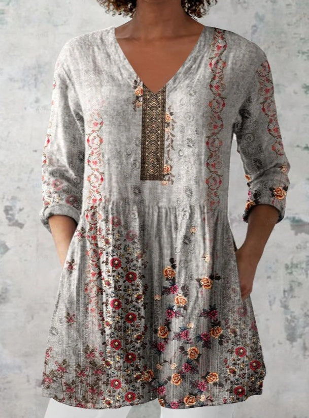 Women's Retro Floral Print Casual Cotton Linen V-neck Top