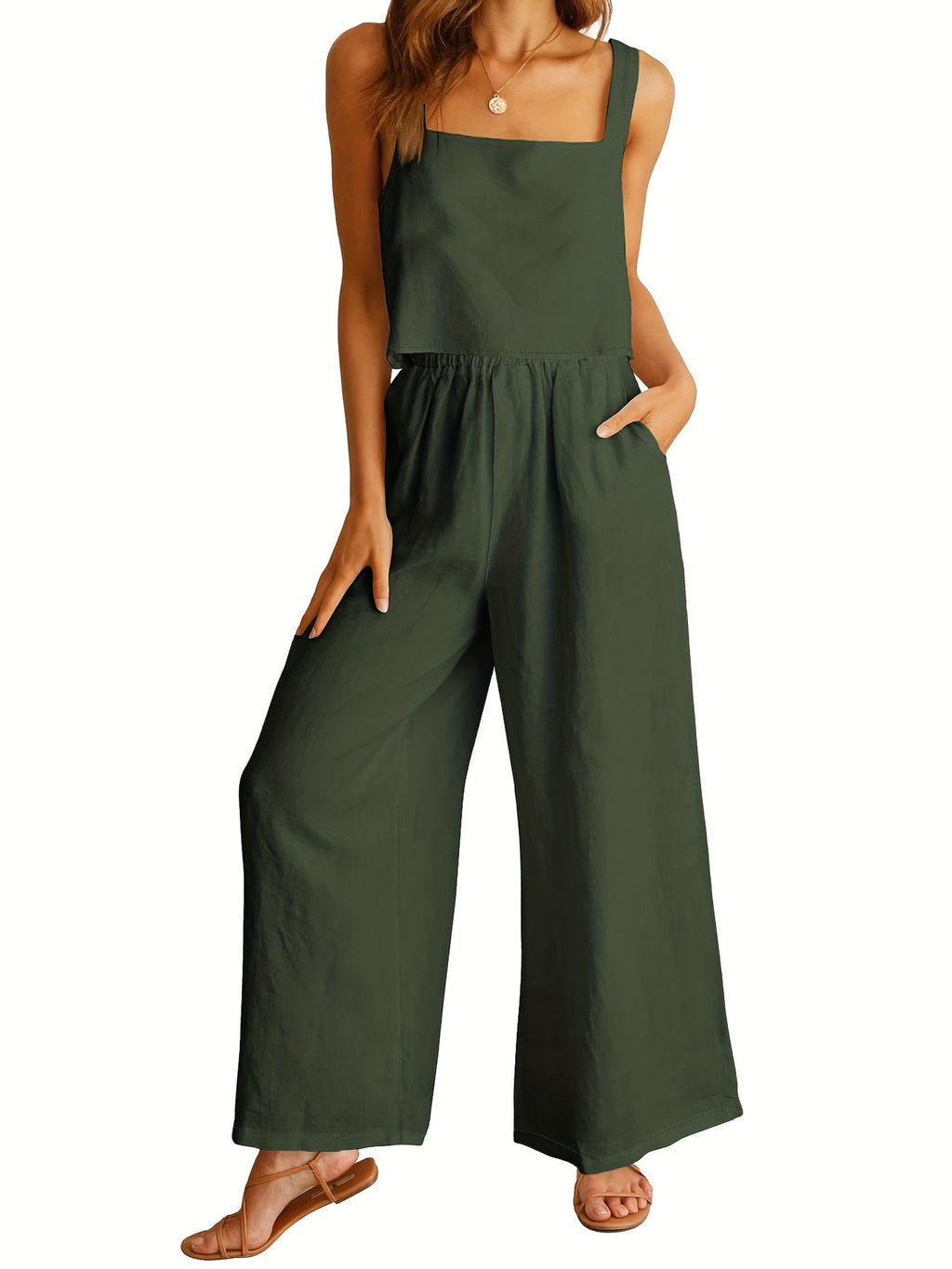 Square Collar Sleeveless Camisole Wide Leg Pants Leisure Suit