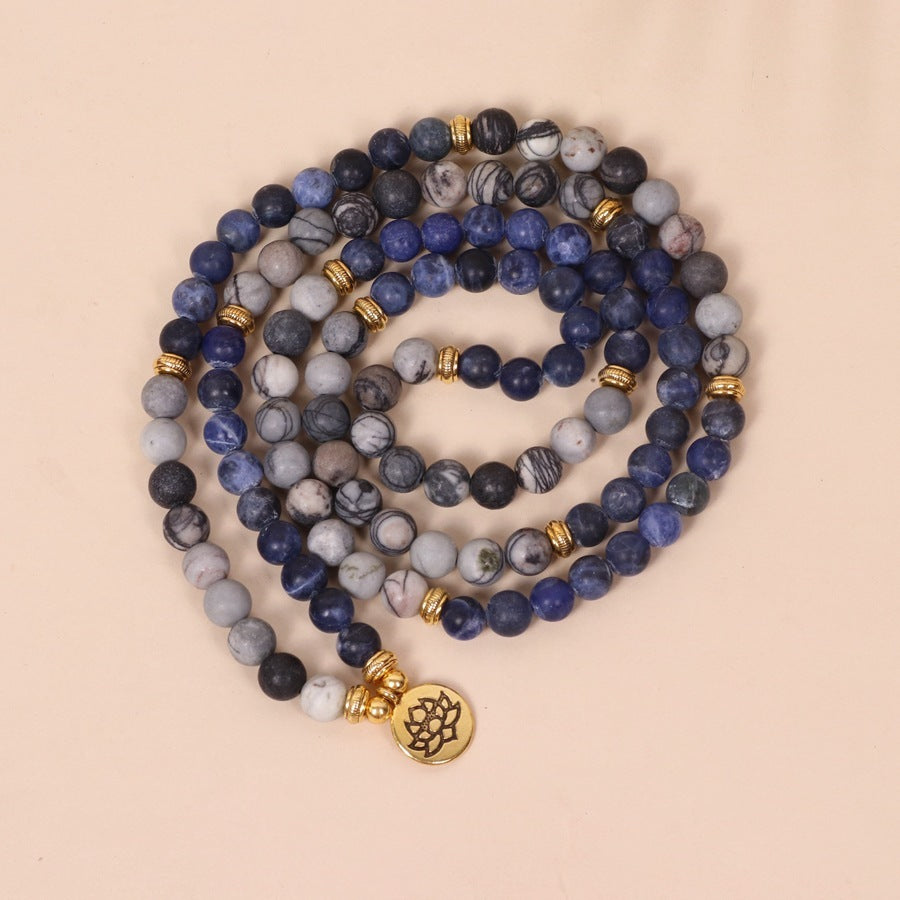 Multi Layer Bracelet With Blue Patterned Network Stone Beads