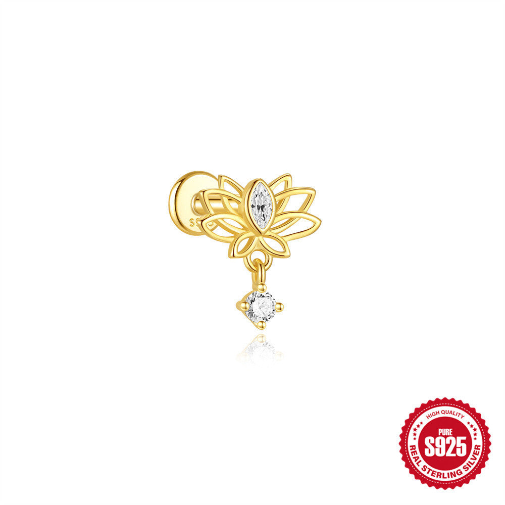 Sterling Silver Opal Diamond-embedded Flat Head Thread Piercing Ear Bone Stud