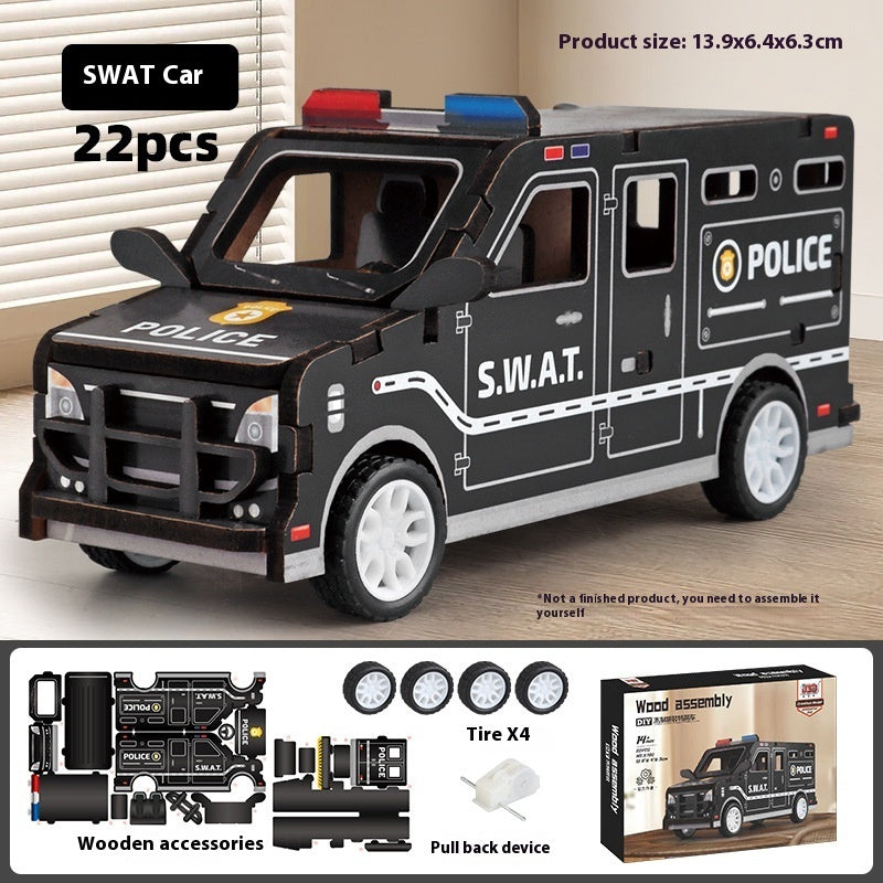 Wooden Assembled Toy Car Warrior Engineering Vehicle Fire Truck DIY Model.