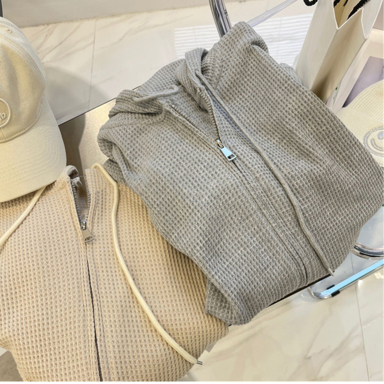 Waffle Hooded Women's Loose Slimming Zipper Cardigan