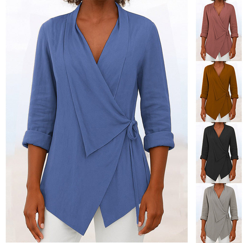 Women's Autumn And Winter V-neck Cotton And Linen Solid Color Shirt
