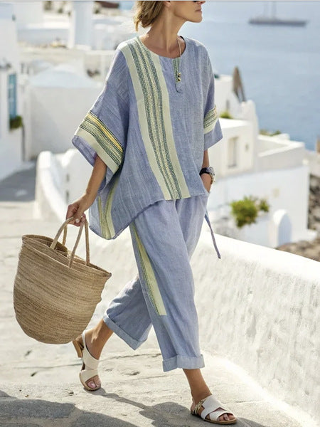 Summer Striped Suits Loose Batwing Sleeve T-shirt And Solid Straight-leg Pants