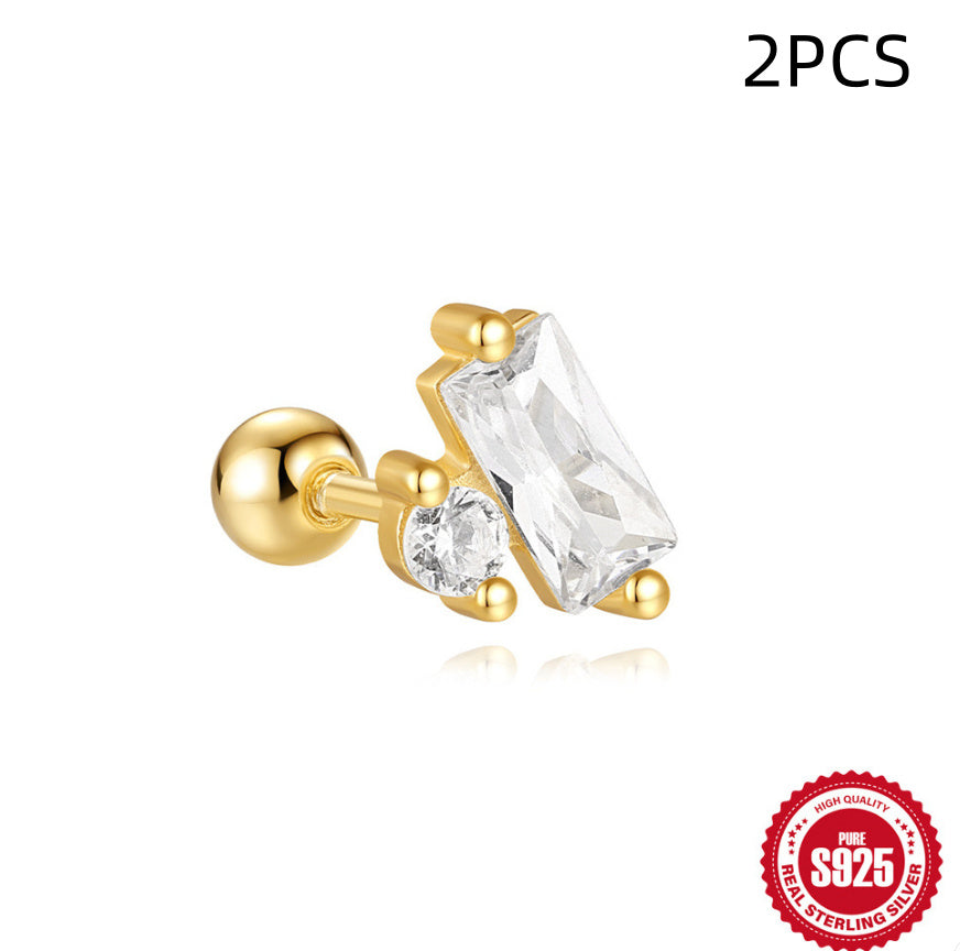 S925 Sterling Silver Red Earrings Square Gravel Stud Earrings