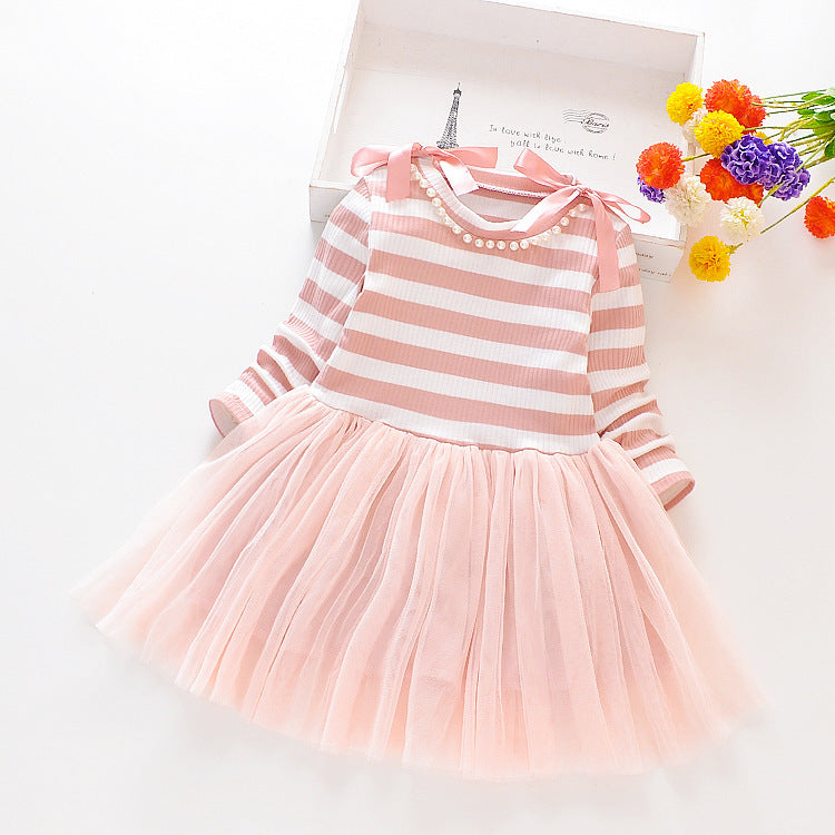 Striped long sleeve patchwork gauze dress