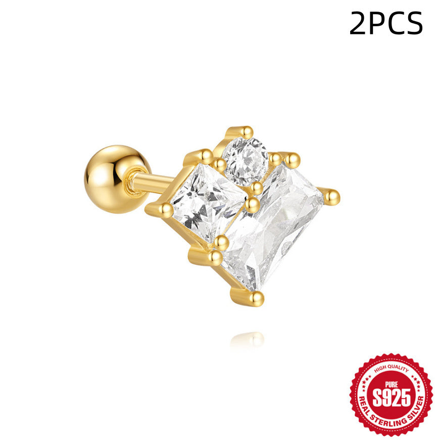 S925 Sterling Silver Red Earrings Square Gravel Stud Earrings