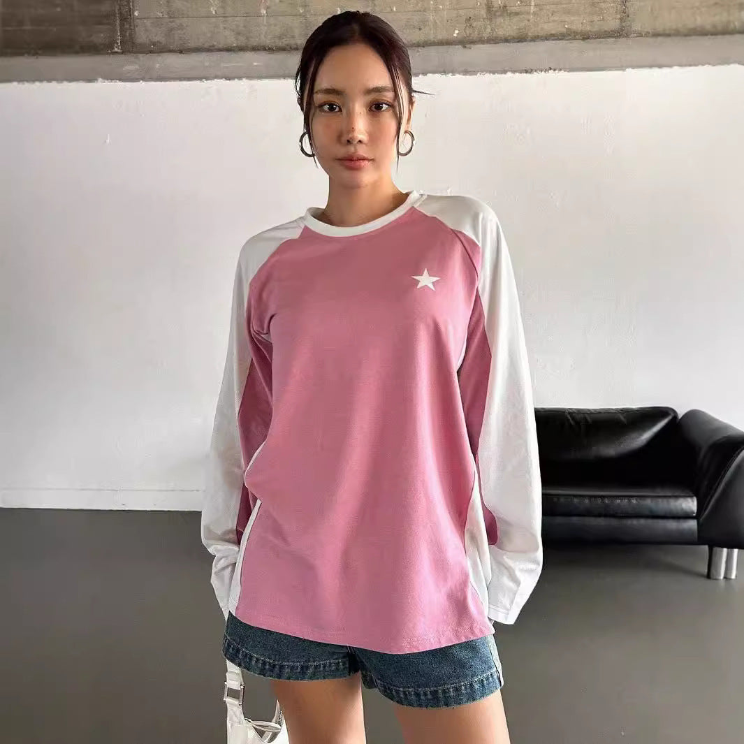 Round Neck Long Sleeve T-shirt Loose Casual Multicolor Raglan Top