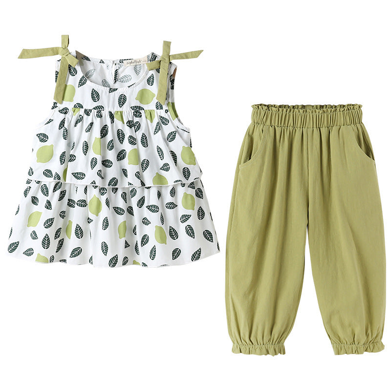 Girls' Cropped Trousers Suit Floral Two-piece Suit