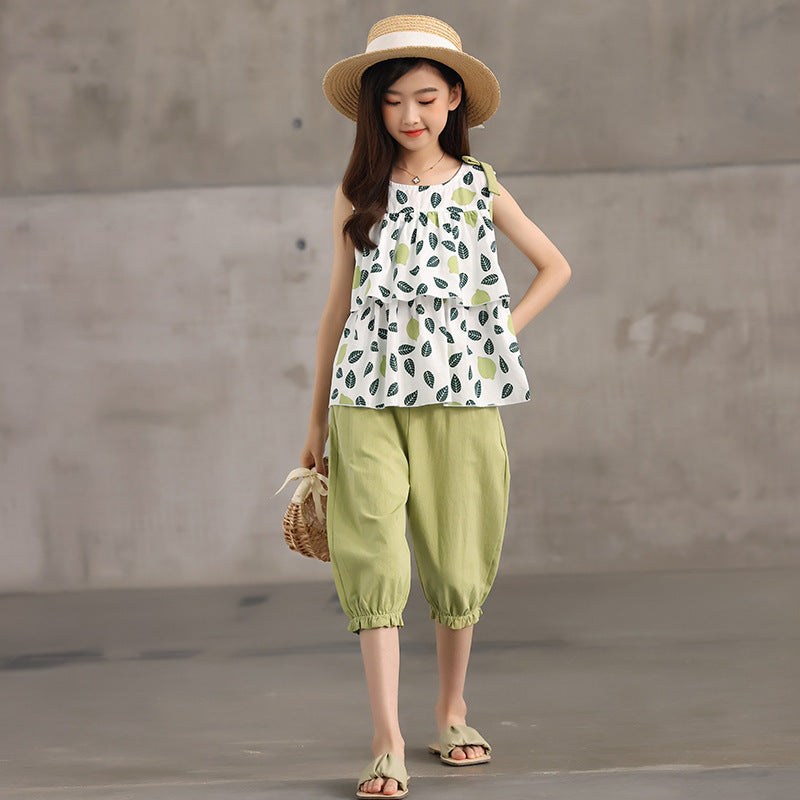 Girls' Cropped Trousers Suit Floral Two-piece Suit