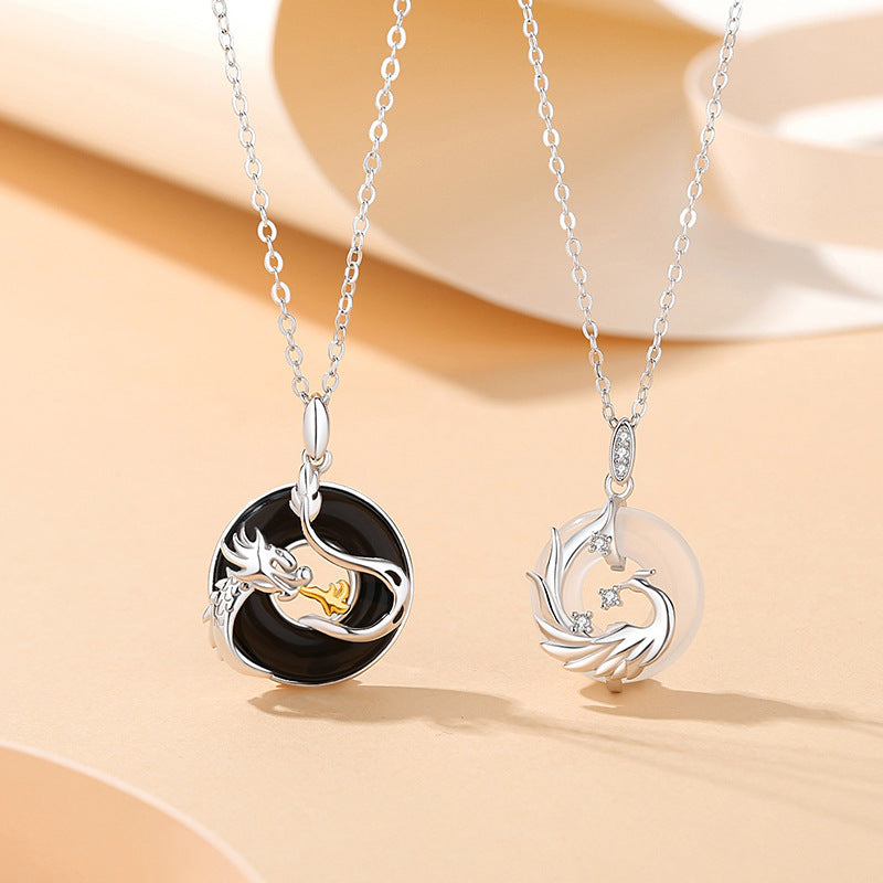Sterling Silver Dragon And Phoenix Peace Buckle Men And Women Original Zodiac Dragon Black Onyx Necklace