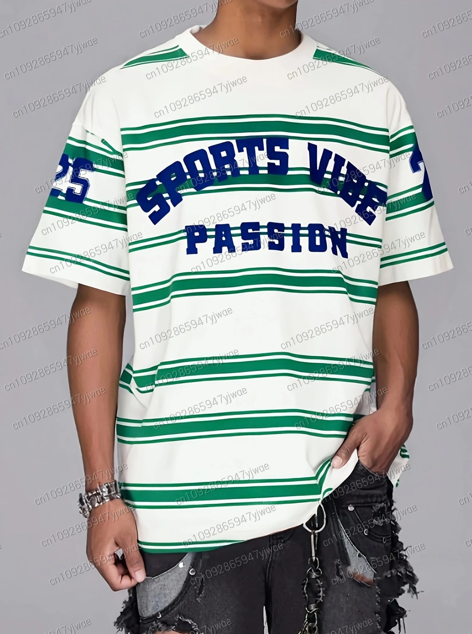 2025 Men O-Neck Short Sleeve T-Shirt Sport Unisex Casual T-Shits green stripe Print Adult Plus Size Jersey Tops Men Clothing - EL CHEG