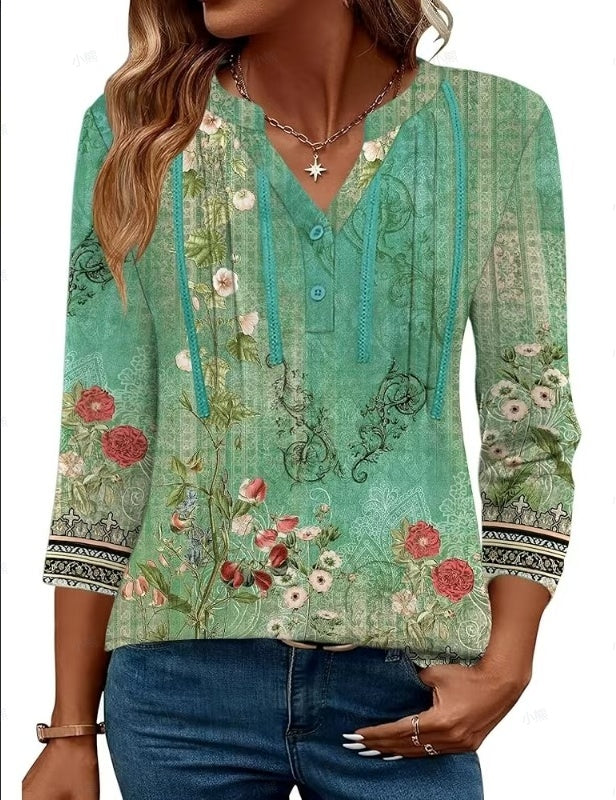 Women'S V-Neck Long Sleeve Shirt With Letter Print