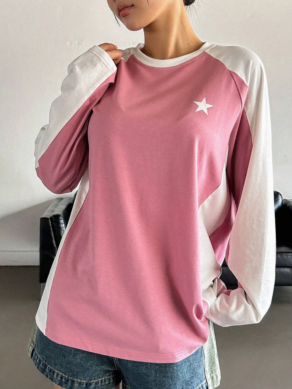 Round Neck Long Sleeve T-shirt Loose Casual Multicolor Raglan Top