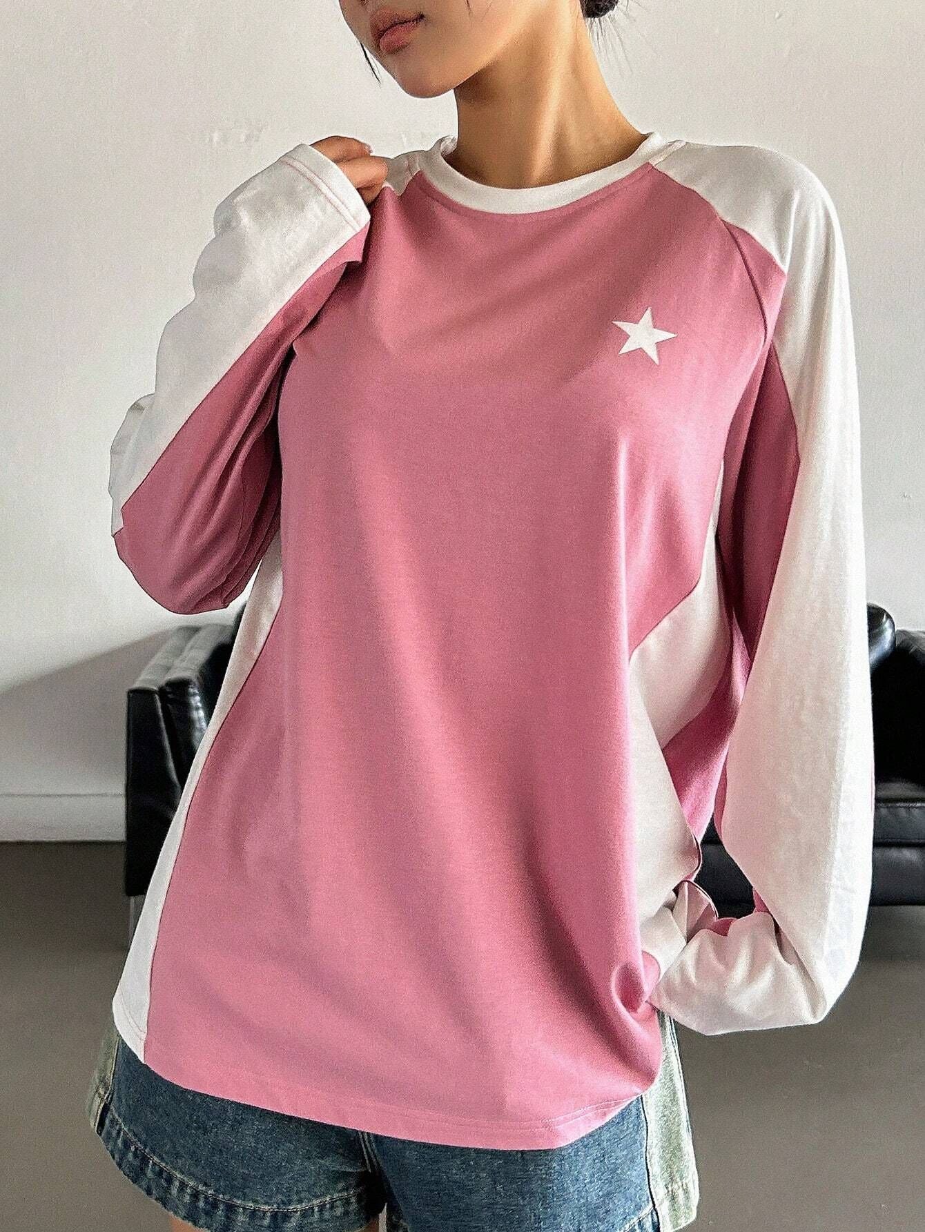 Round Neck Long Sleeve T-shirt Loose Casual Multicolor Raglan Top