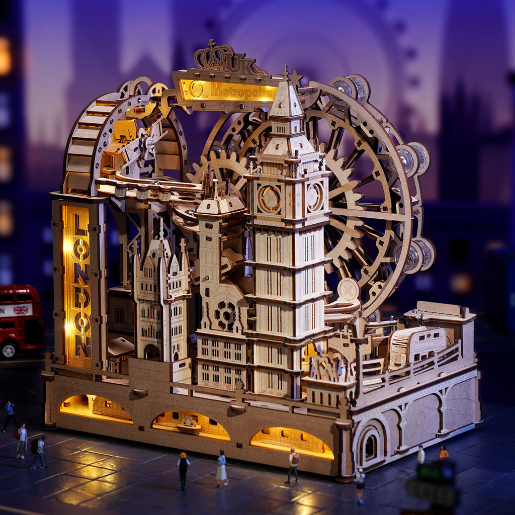 ROBOTIME 3D Wooden Puzzle London City Mechanical Model With Marble Run & LED Lights, DIY Decorative Kit For Adults & Teens.