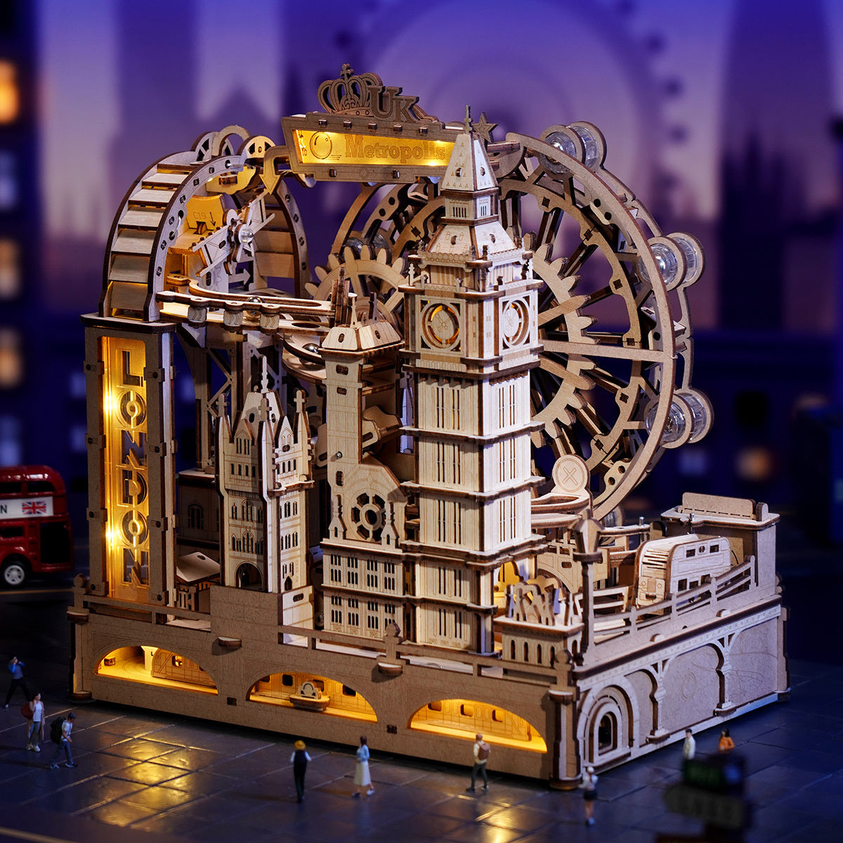 ROBOTIME 3D Wooden Puzzle London City Mechanical Model With Marble Run & LED Lights, DIY Decorative Kit For Adults & Teens.