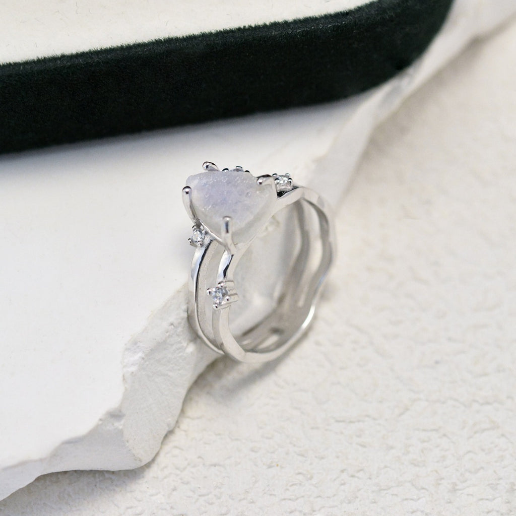 S925 Silver Irregular Triangle Moonstone Ring Personality Fashion Minority Design Female Ring