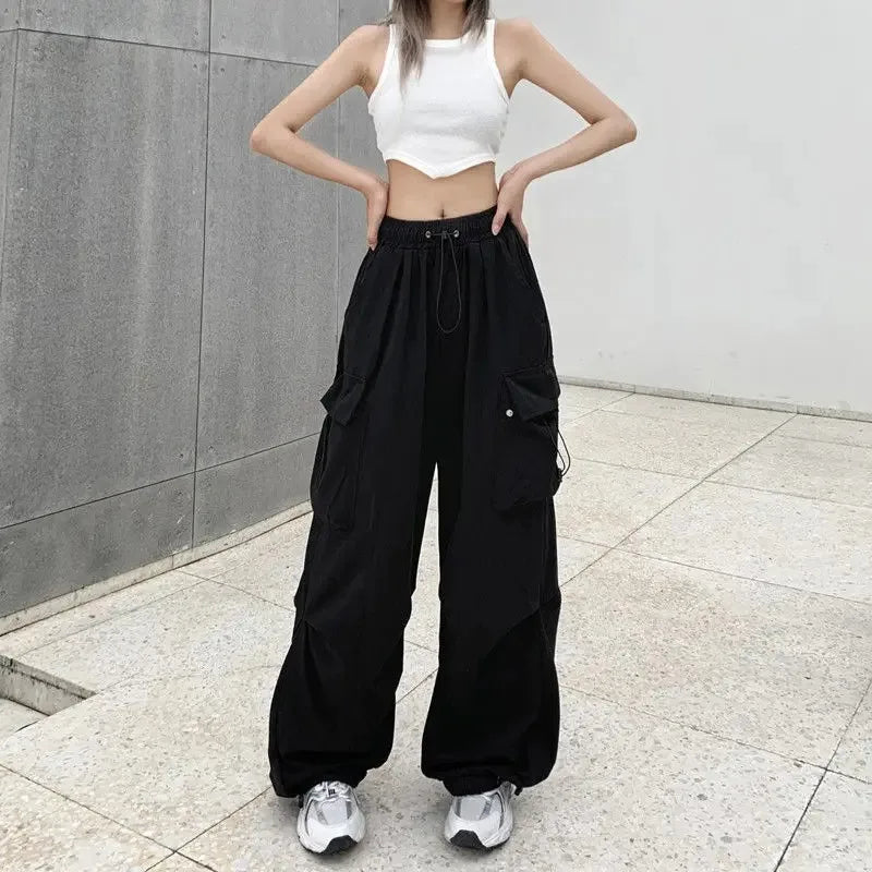 Women Casual Joggers Tech Pants Solid Low Waist Pants Drawstring Wide Leg Baggy Trousers Y2k Streetwear Oversize Sweatpants - EL CHEG