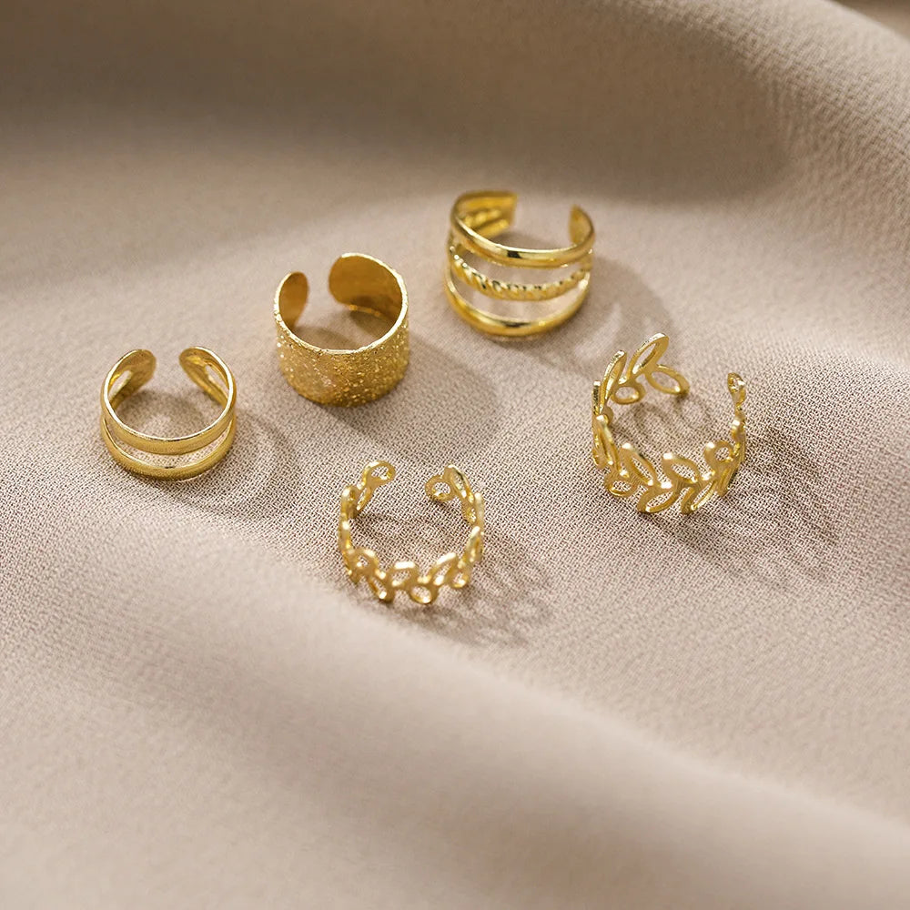 5/15 Pcs Set Of Hollow Leaf Design Clip On Earrings, Zinc Alloy Jewelry Simple Punk Style Personality Female Ear Decor - EL CHEG