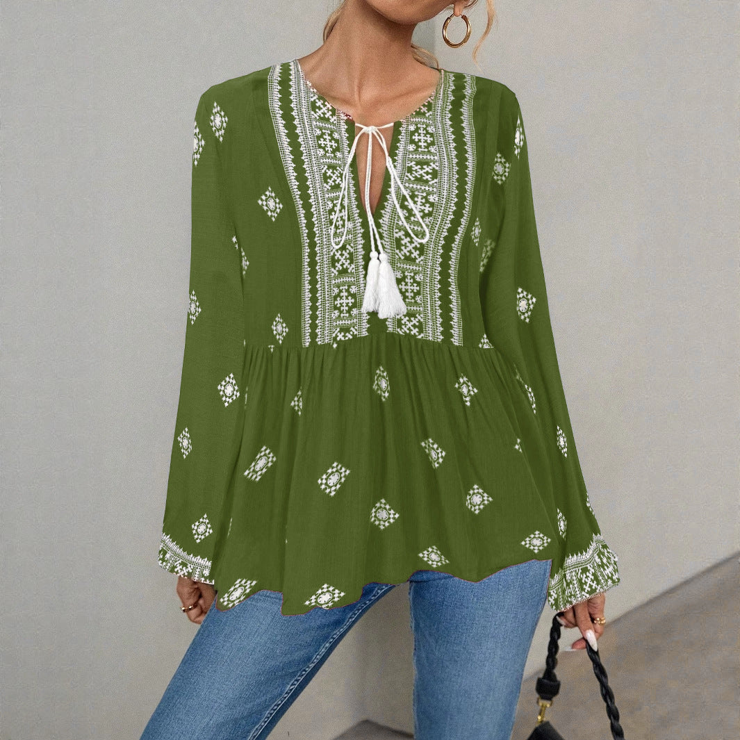 Retro National Style Half-open Collar Lace-up Loose Lantern Sleeve Shirt