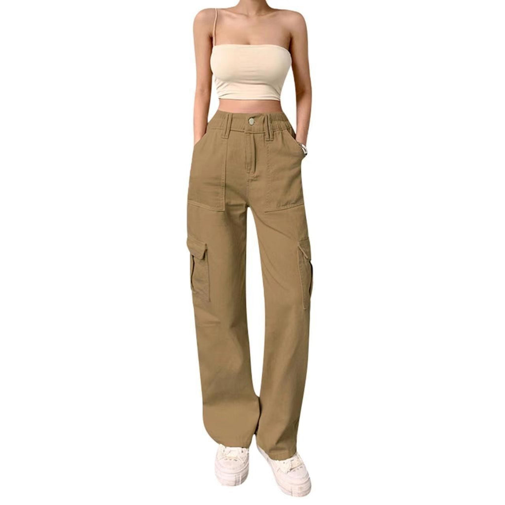 Stylish Multi-pocket Workwear Straight-leg Trousers High Waist Jeans