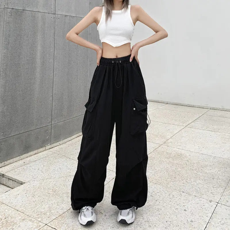 Women Casual Joggers Tech Pants Solid Low Waist Pants Drawstring Wide Leg Baggy Trousers Y2k Streetwear Oversize Sweatpants - EL CHEG