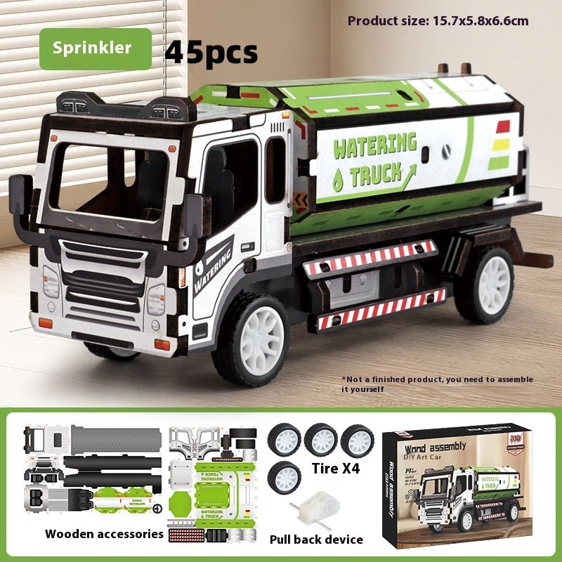 Wooden Assembled Toy Car Warrior Engineering Vehicle Fire Truck DIY Model.