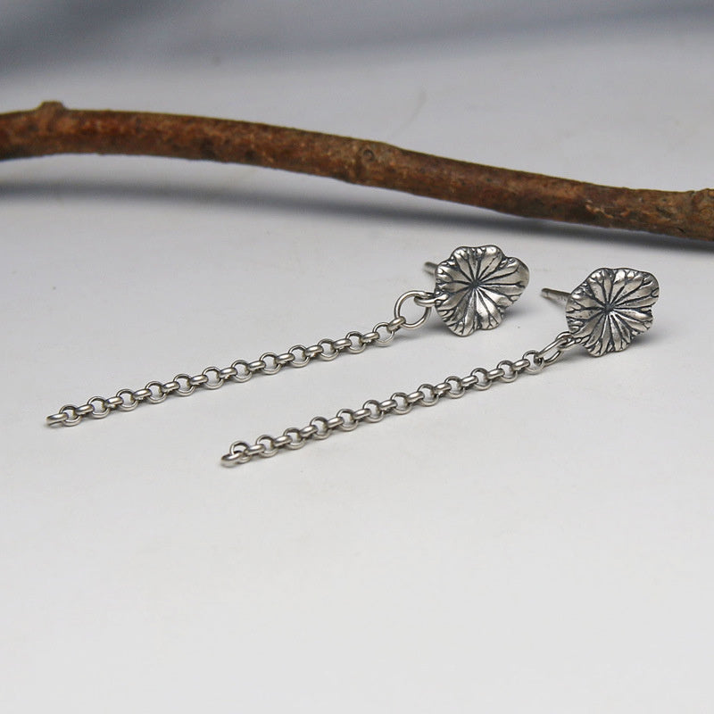925 Sterling Silver Long Tassel Stud Earrings Women's Ethnic Style Lotus Leaf