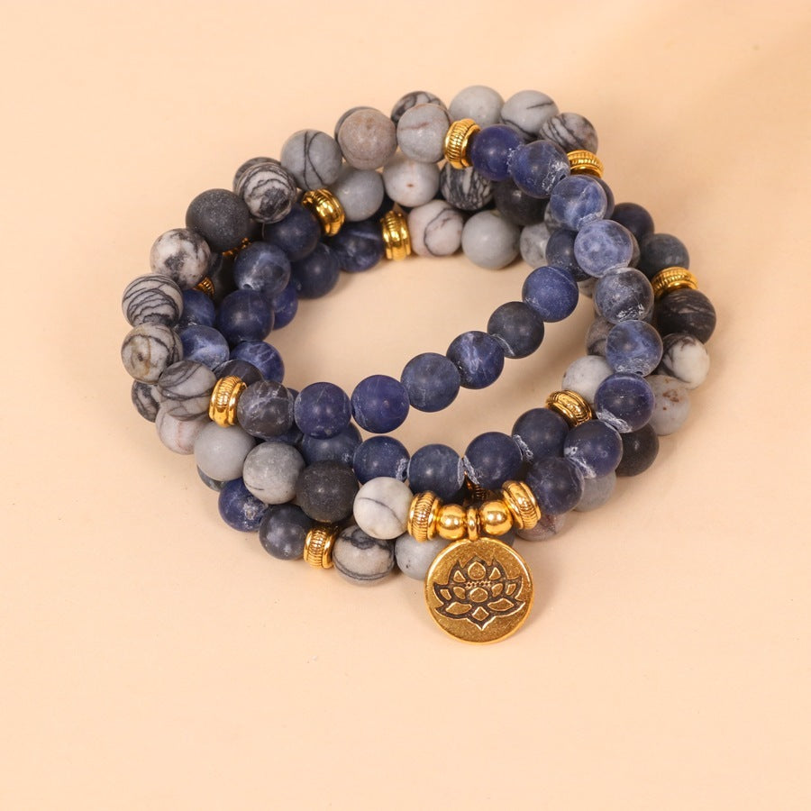 Multi Layer Bracelet With Blue Patterned Network Stone Beads