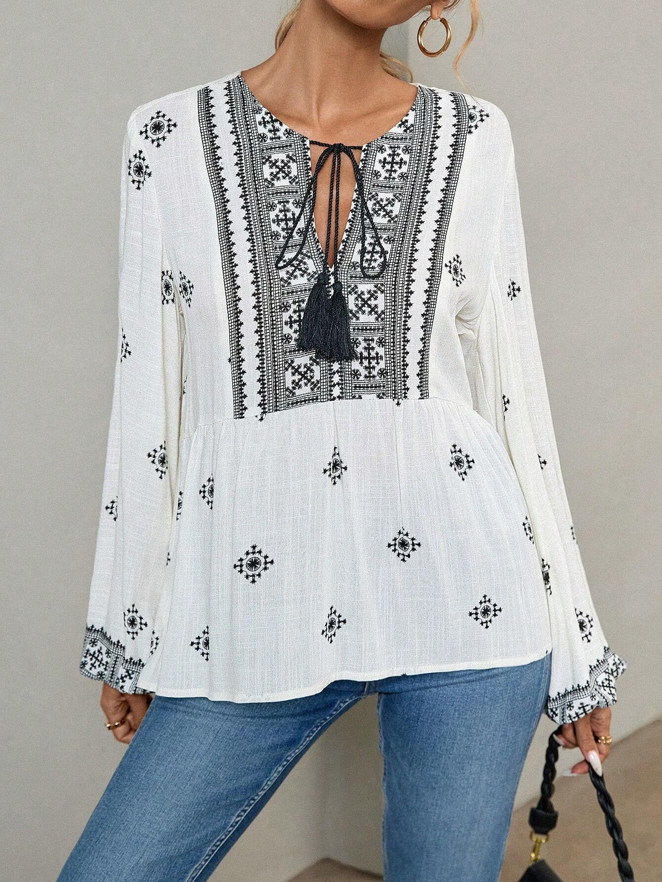 Retro National Style Half-open Collar Lace-up Loose Lantern Sleeve Shirt