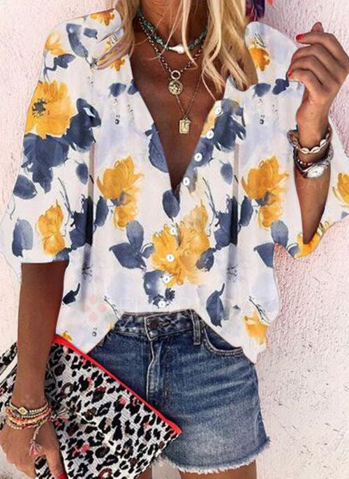 Women's V-neck Long Sleeve Stand Collar Printed Sweet Blouse