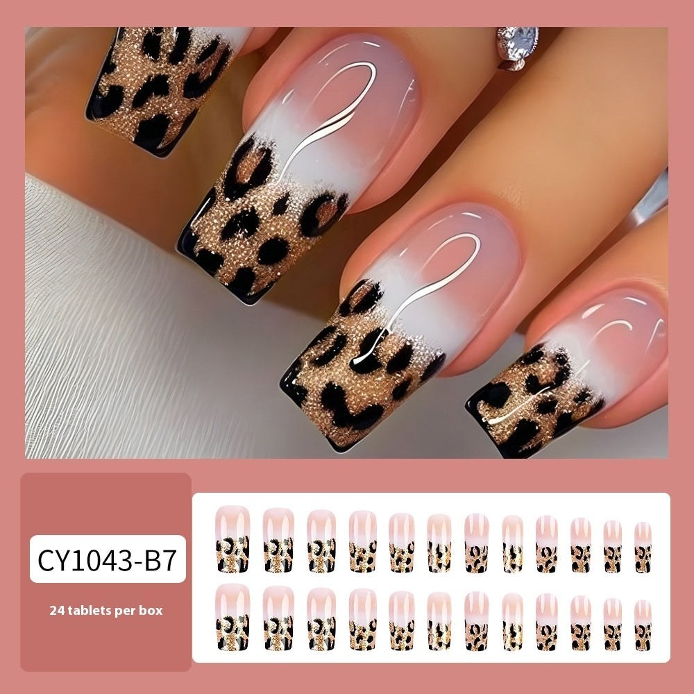 Blue Edge French Gradient Contrast Leopard Print Nail Tips - EL CHEG