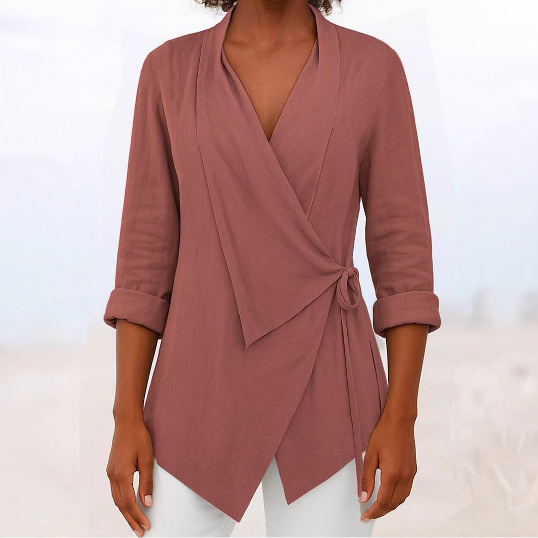Women's Autumn And Winter V-neck Cotton And Linen Solid Color Shirt